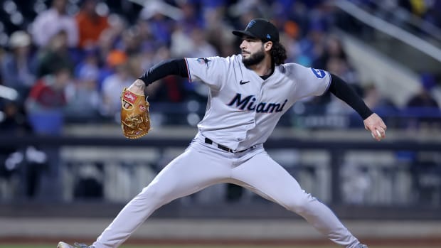 Sep 28, 2023; New York City, New York, USA; Miami Marlins relief pitcher Andrew Nardi (43) pitches against the New York Mets during the eighth inning at Citi Field. Mandatory Credit: Brad Penner-USA TODAY Sports  